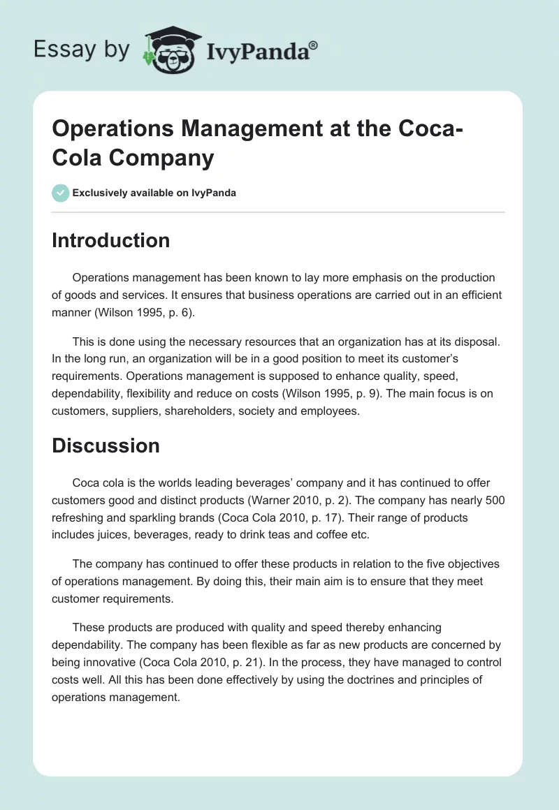 Operations Management at the Coca-Cola Company. Page 1