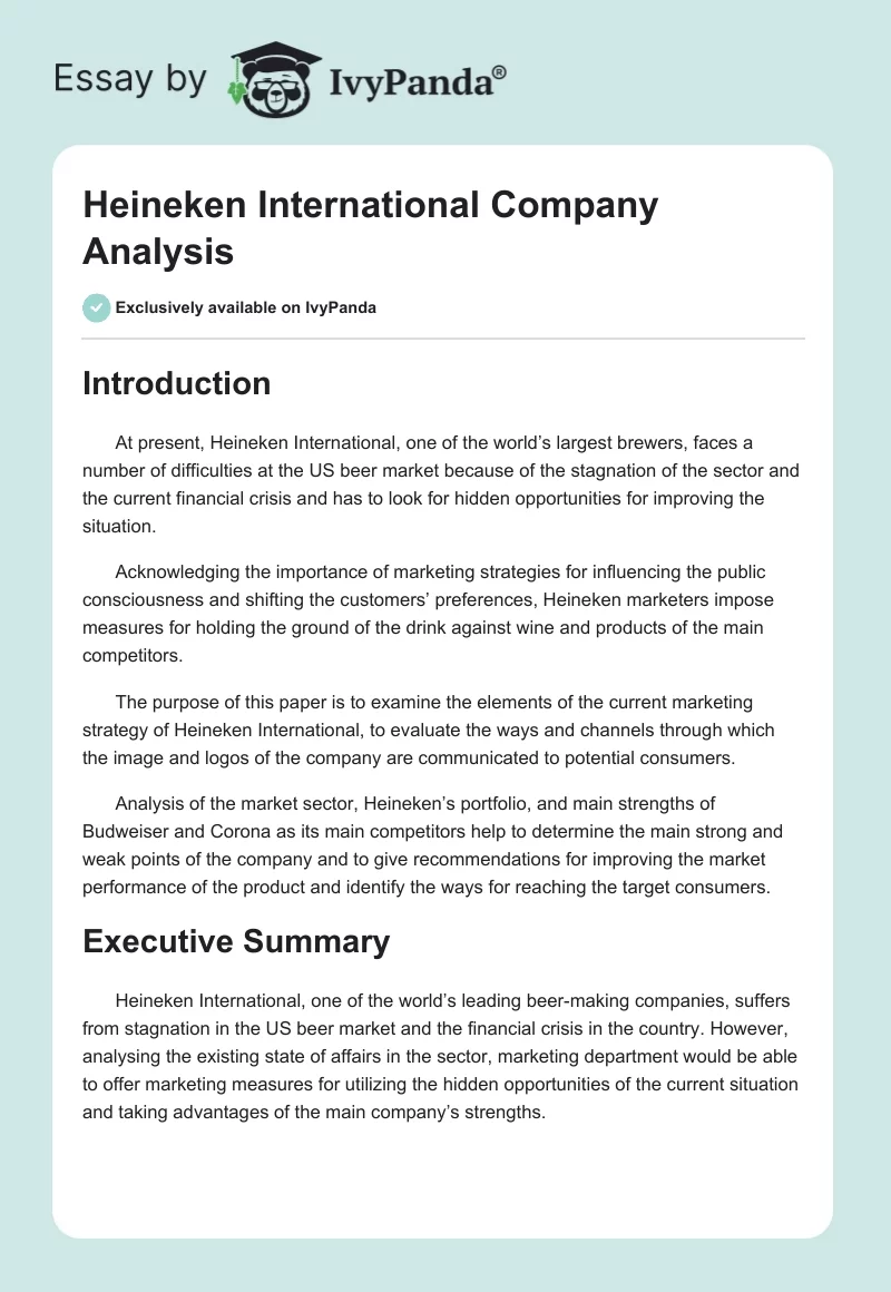 Heineken International Company Analysis. Page 1
