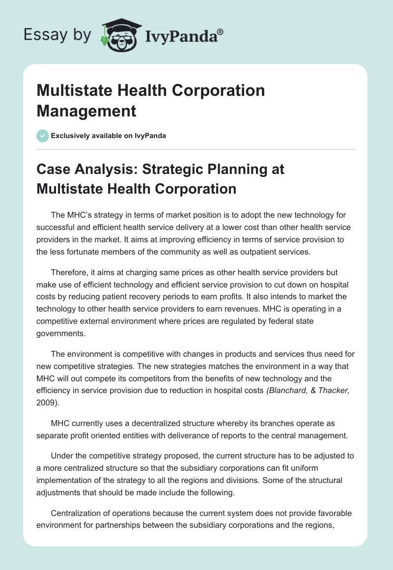 Multistate Health Corporation Management. Page 1