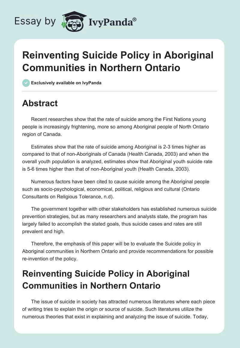 Reinventing Suicide Policy in Aboriginal Communities in Northern Ontario. Page 1