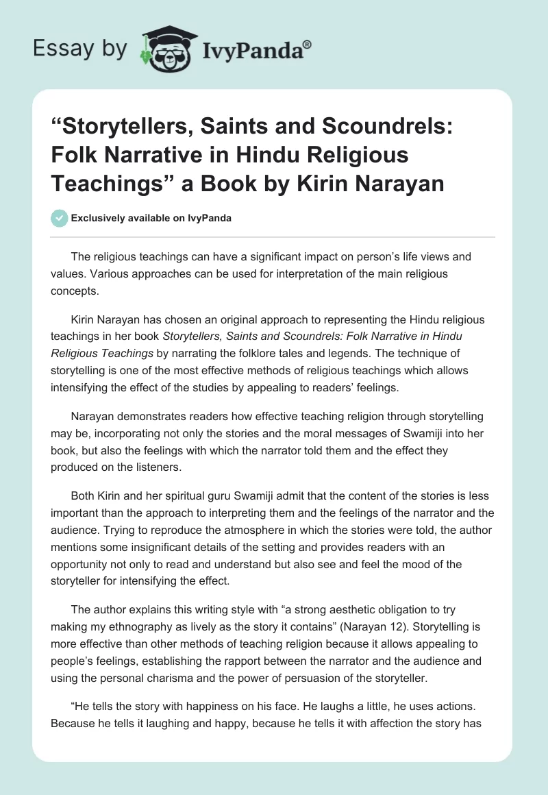 “Storytellers, Saints and Scoundrels: Folk Narrative in Hindu Religious Teachings” a Book by Kirin Narayan. Page 1