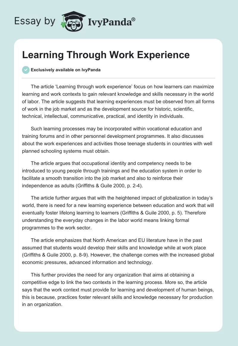 Learning Through Work Experience. Page 1
