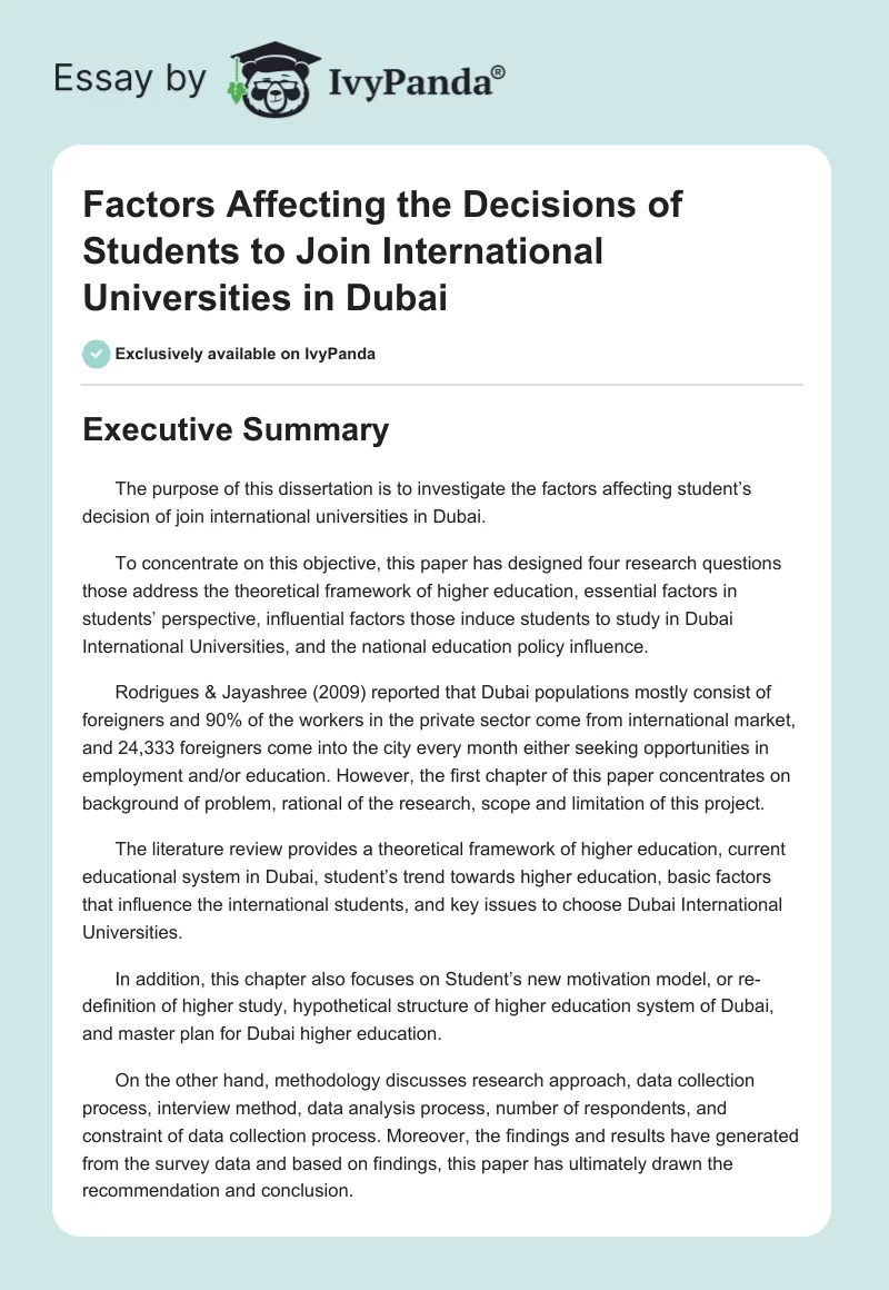 Factors Affecting the Decisions of Students to Join International Universities in Dubai. Page 1