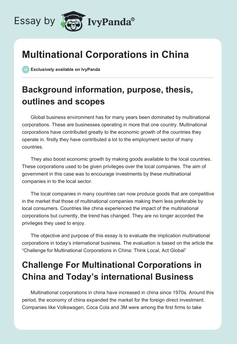Multinational Corporations in China. Page 1