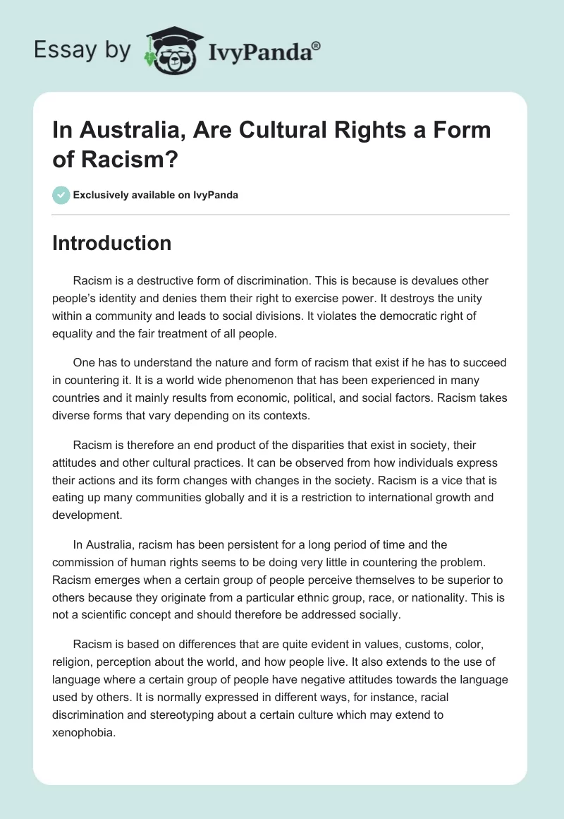 In Australia, Are Cultural Rights a Form of Racism?. Page 1