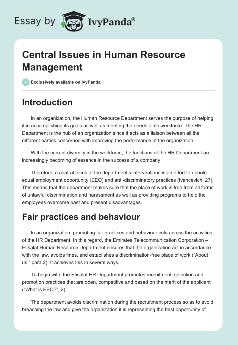 Central Issues in Human Resource Management. Page 1