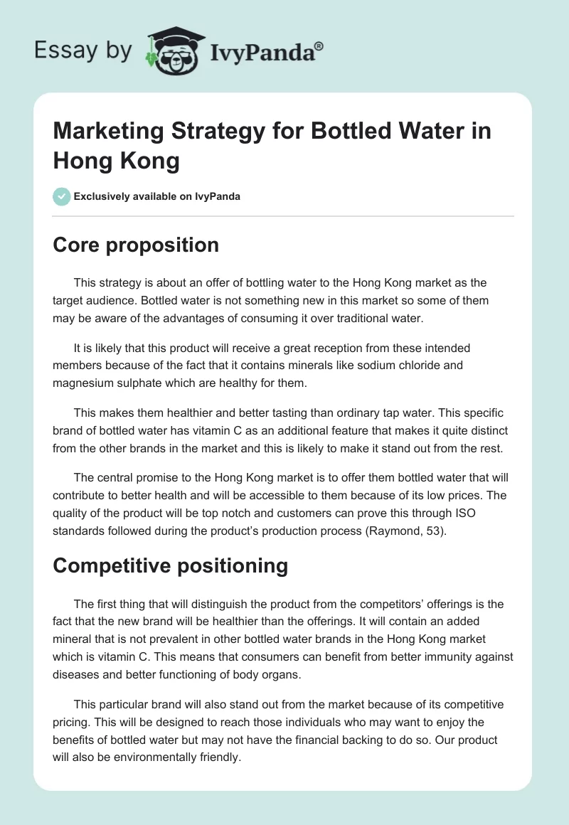 Marketing Strategy for Bottled Water in Hong Kong. Page 1