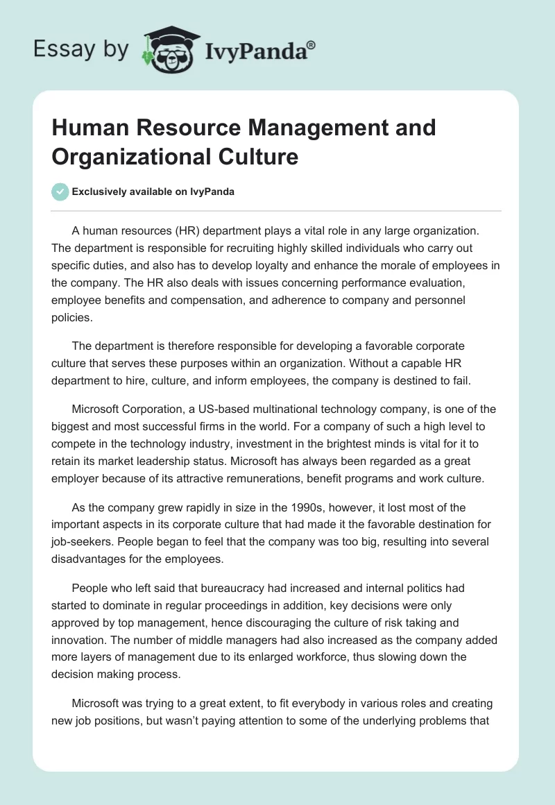 Human Resource Management and Organizational Culture. Page 1