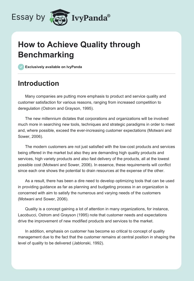 How to Achieve Quality through Benchmarking. Page 1