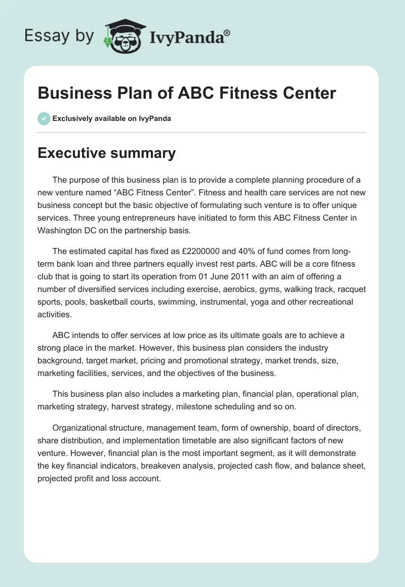 Business Plan of ABC Fitness Center. Page 1