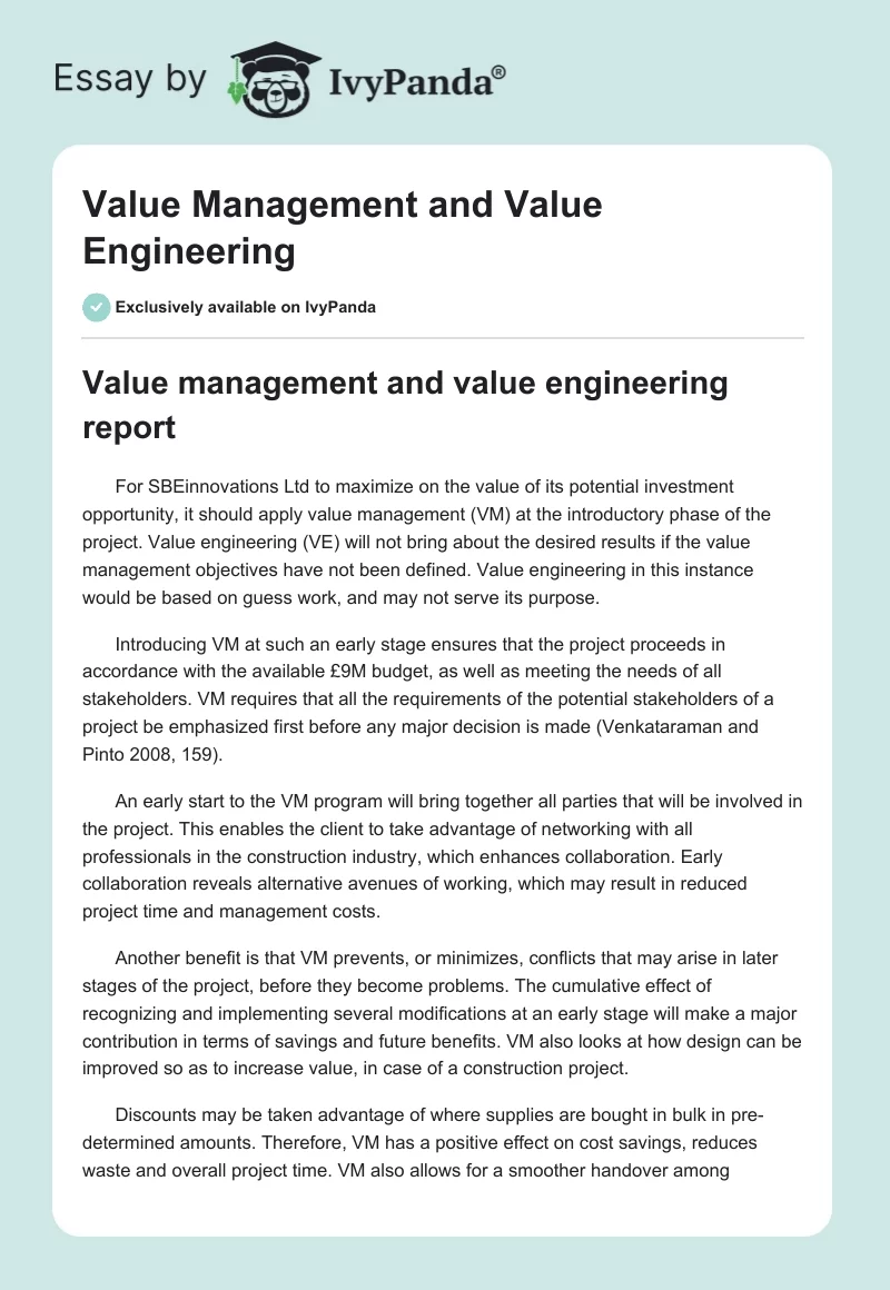 Value Management and Value Engineering. Page 1