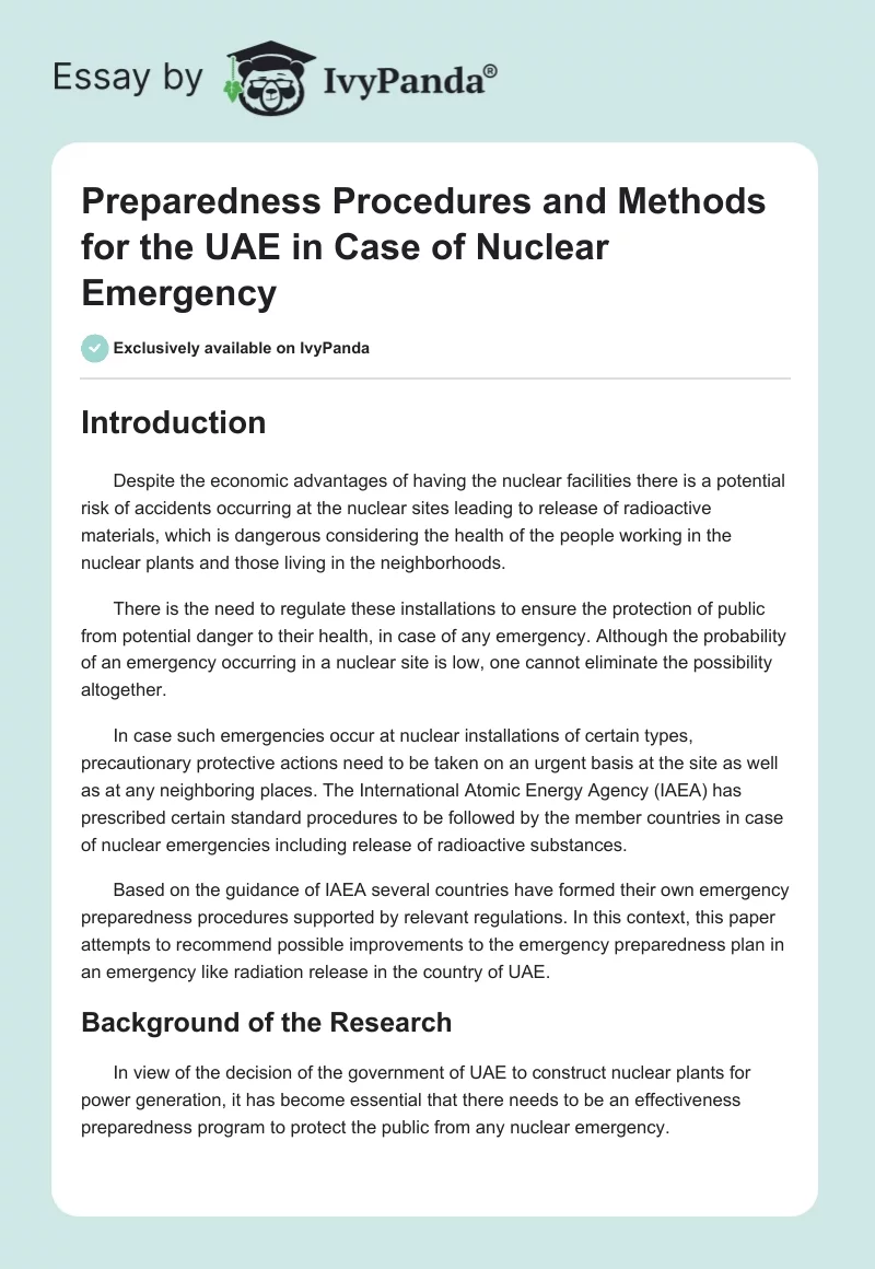 Preparedness Procedures and Methods for the UAE in Case of Nuclear Emergency. Page 1