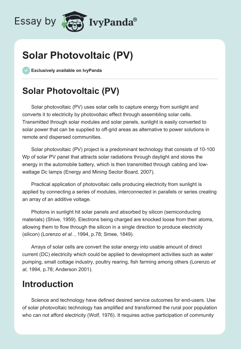 Solar Photovoltaic (PV). Page 1
