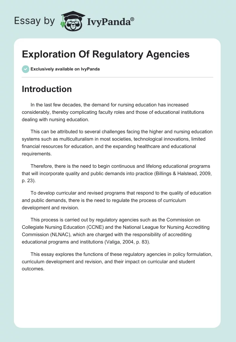 Exploration Of Regulatory Agencies. Page 1