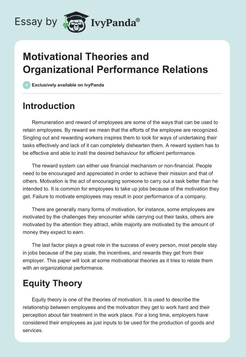 Motivational Theories and Organizational Performance Relations. Page 1
