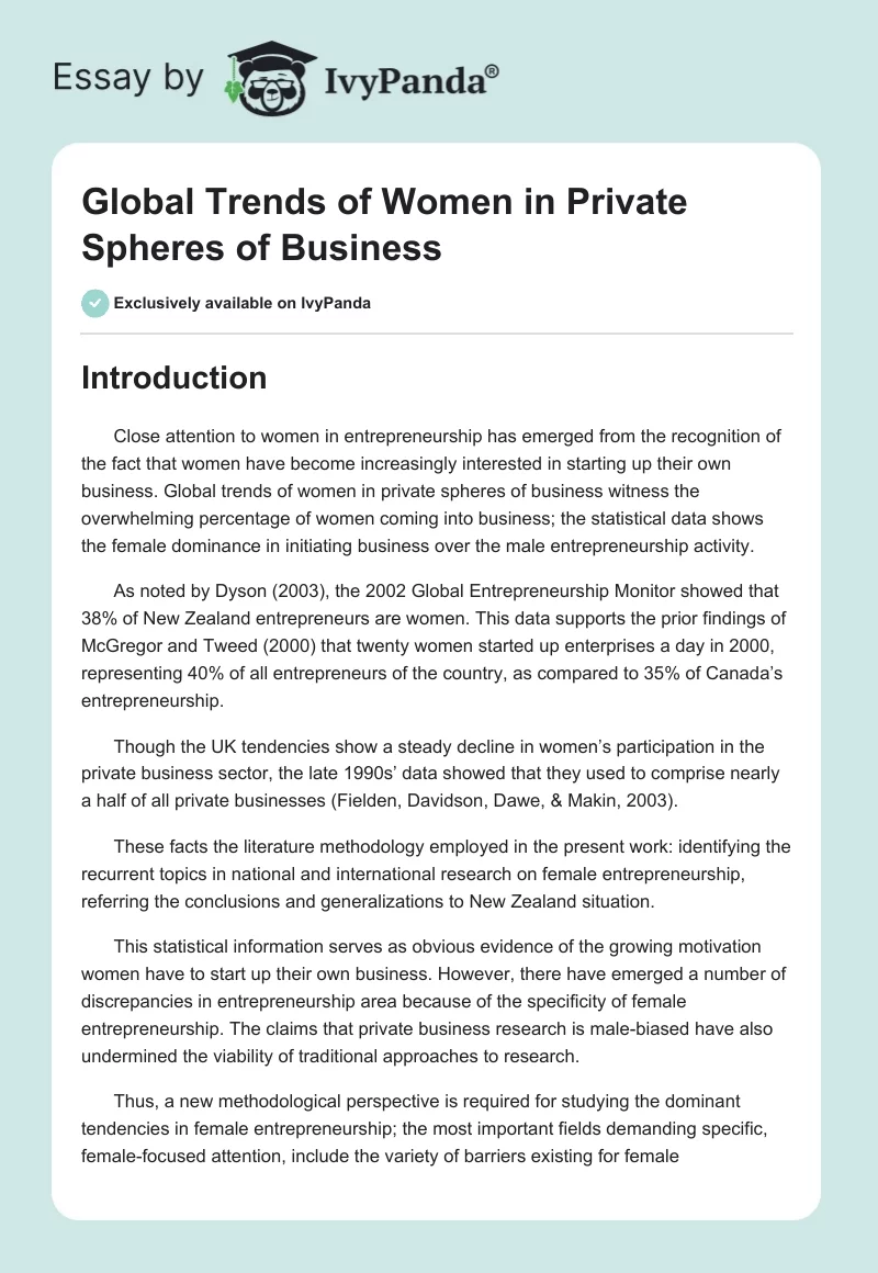 Global Trends of Women in Private Spheres of Business. Page 1