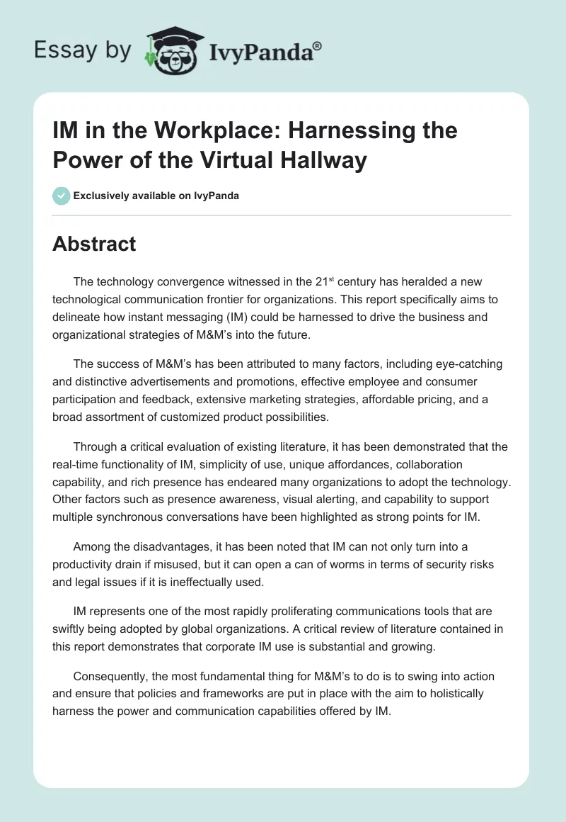 IM in the Workplace: Harnessing the Power of the Virtual Hallway. Page 1