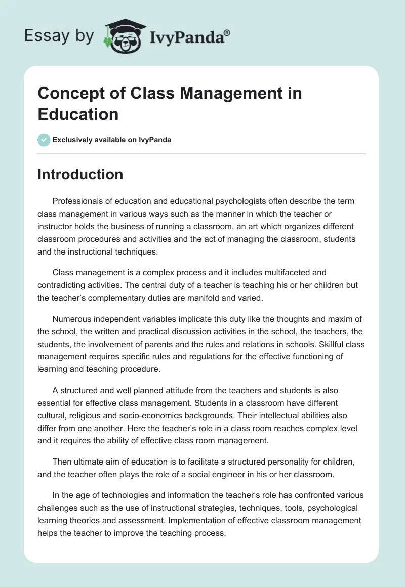 Concept of Class Management in Education. Page 1