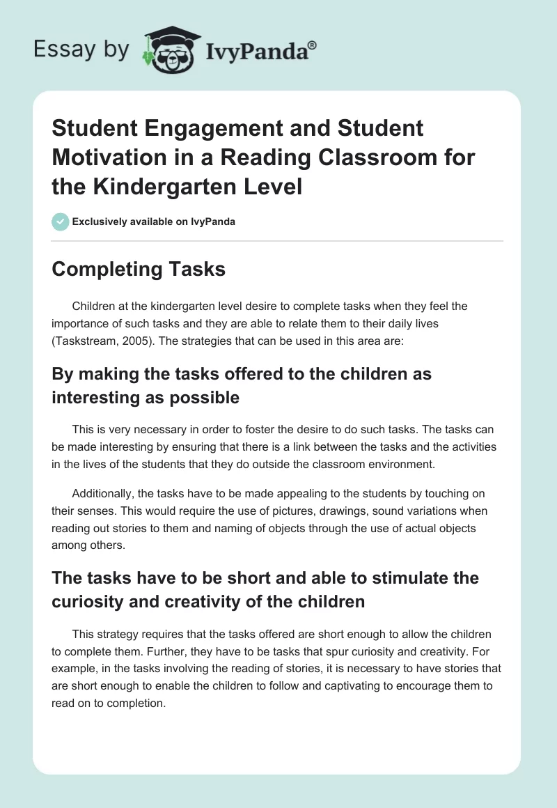 Student Engagement and Student Motivation in a Reading Classroom for the Kindergarten Level. Page 1