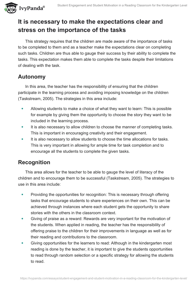 Student Engagement and Student Motivation in a Reading Classroom for the Kindergarten Level. Page 2