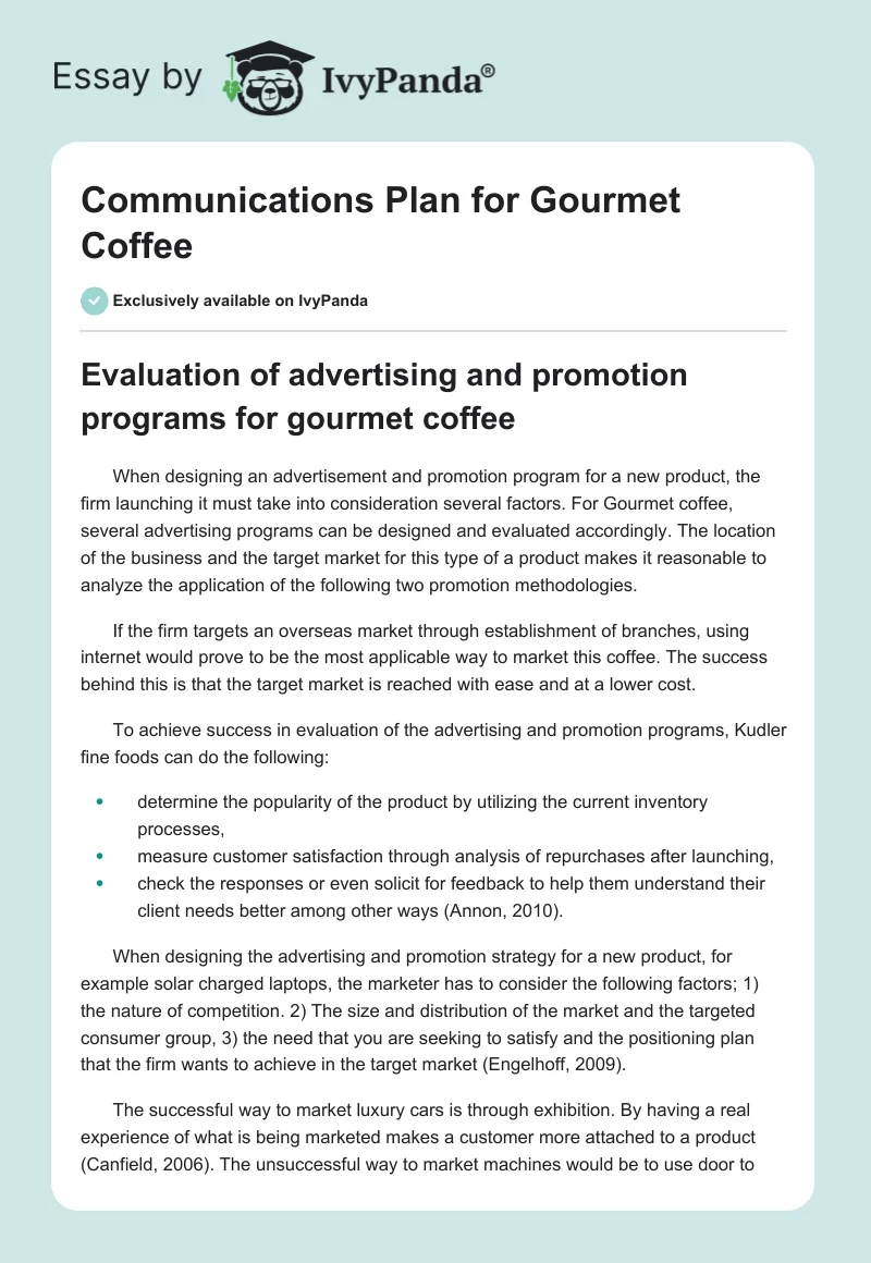 Communications Plan for Gourmet Coffee. Page 1