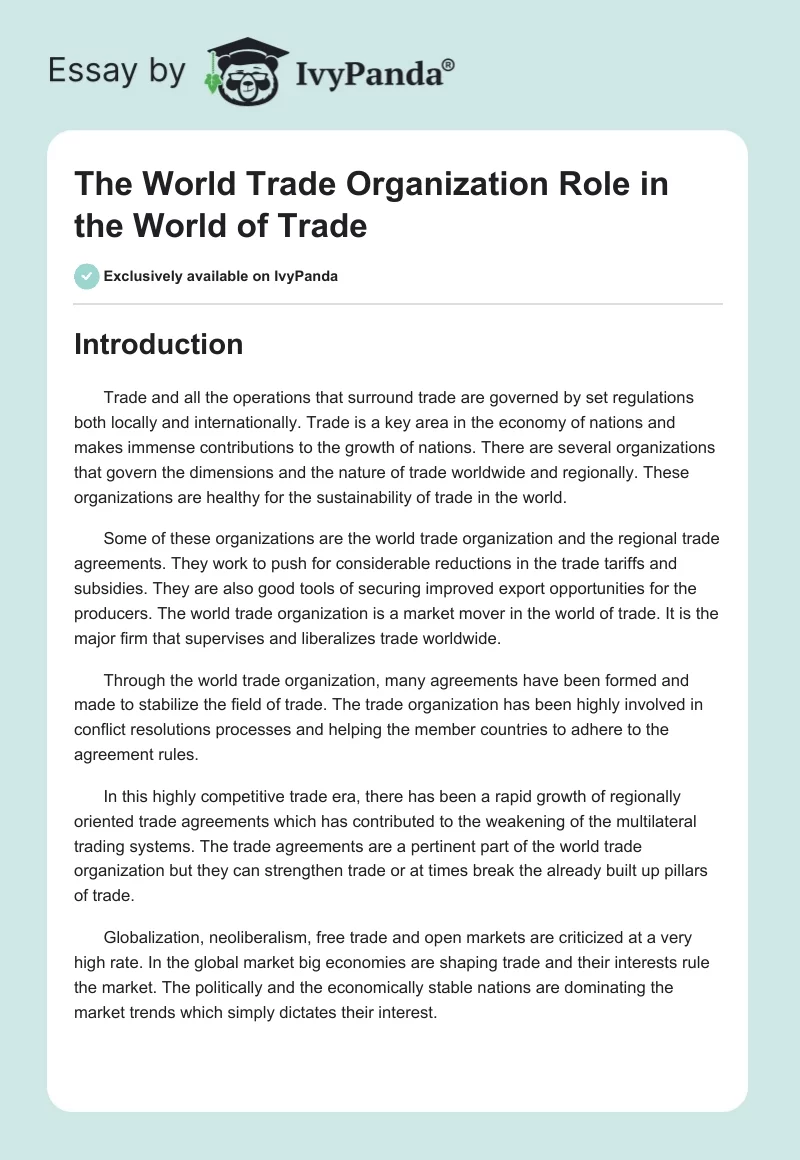 The World Trade Organization Role in the World of Trade. Page 1