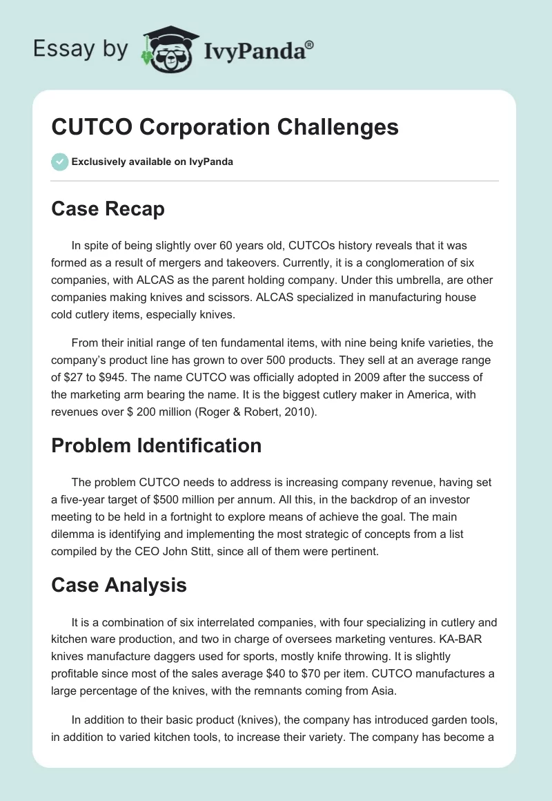 CUTCO Corporation Challenges. Page 1