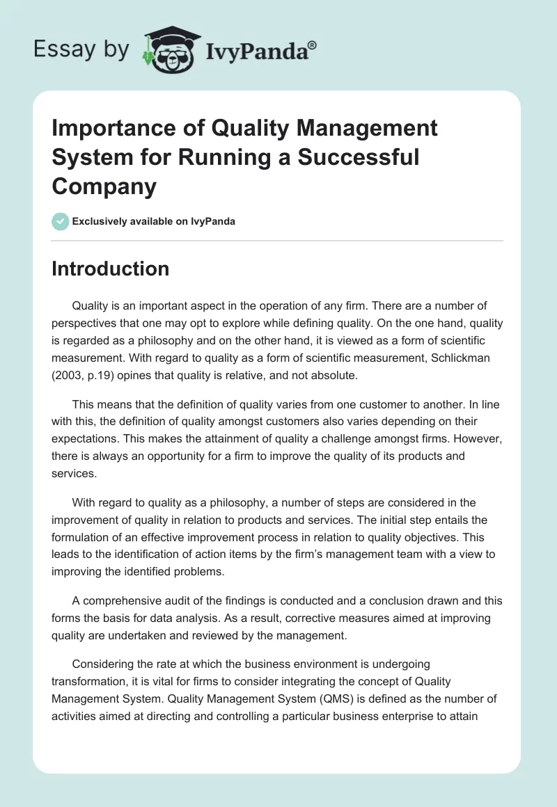 Importance of Quality Management System for Running a Successful Company. Page 1