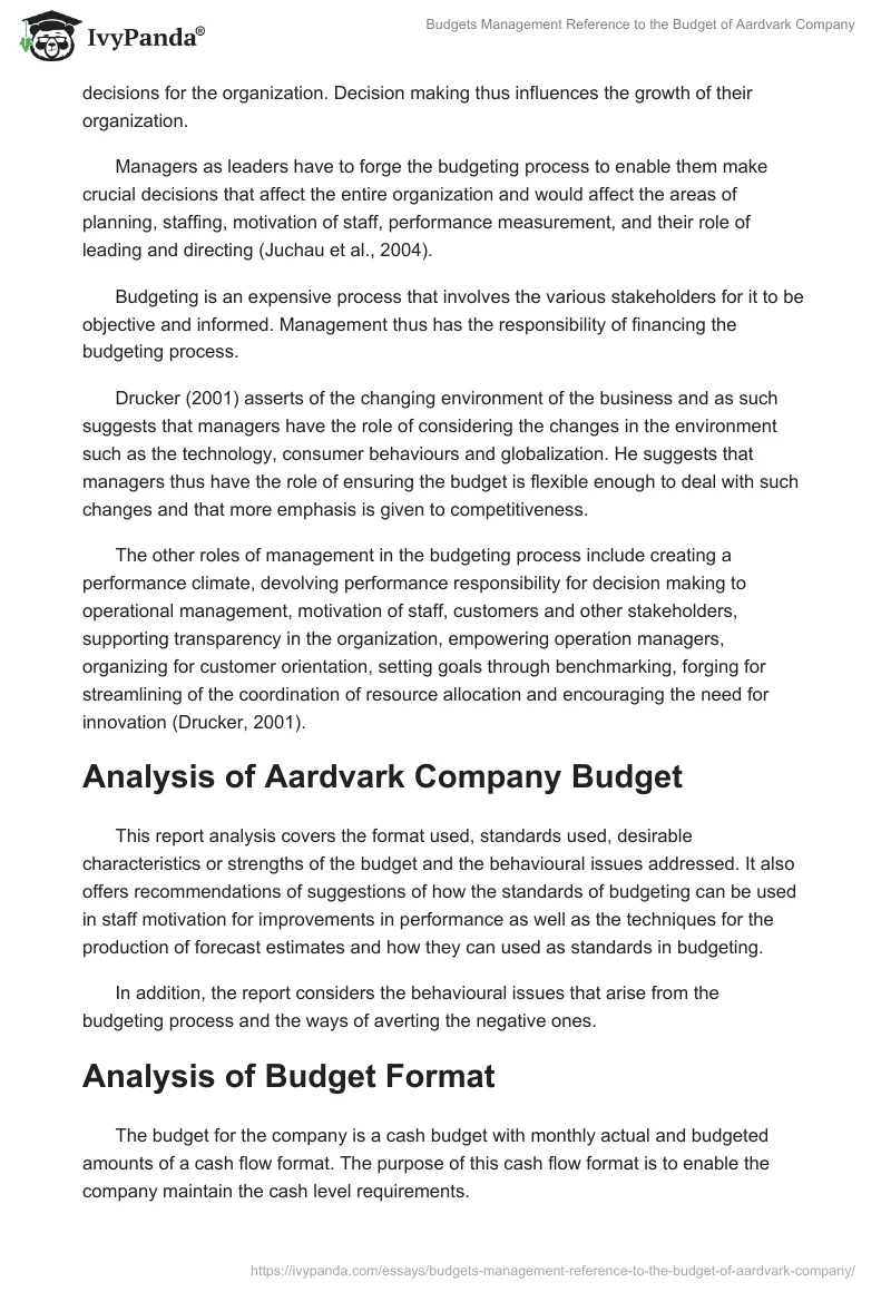 Budgets Management Reference to the Budget of Aardvark Company. Page 2