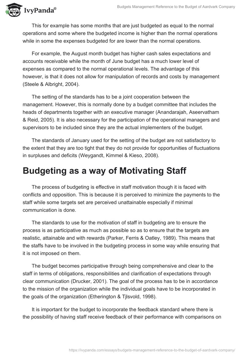Budgets Management Reference to the Budget of Aardvark Company. Page 4