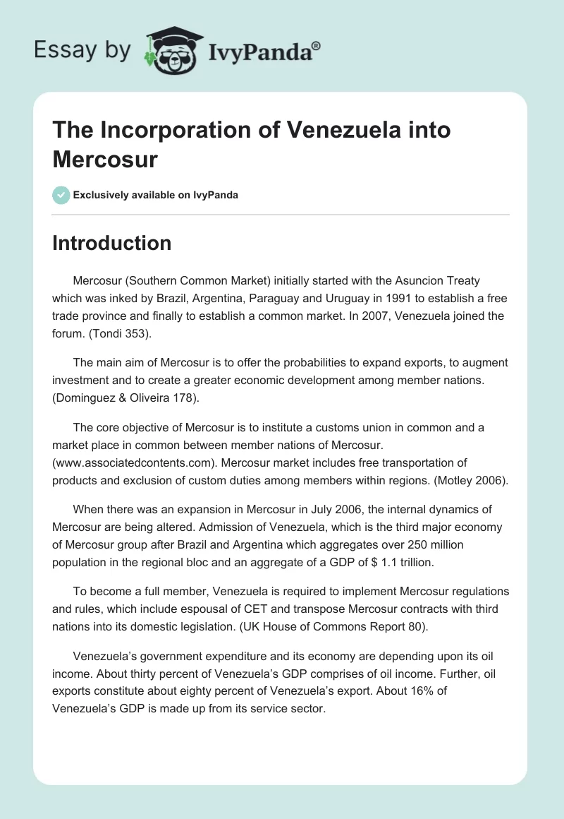 The Incorporation of Venezuela into Mercosur. Page 1