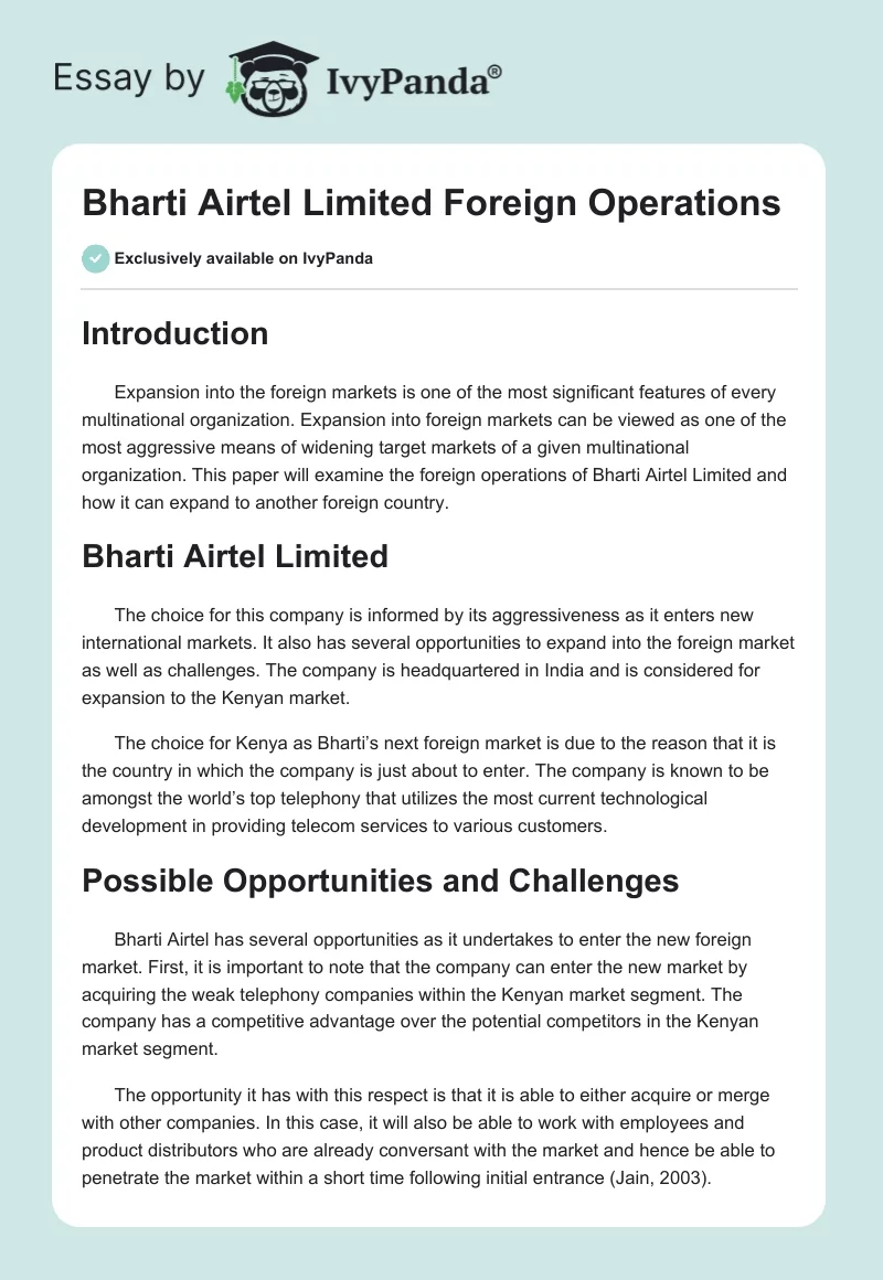 Bharti Airtel Limited Foreign Operations. Page 1