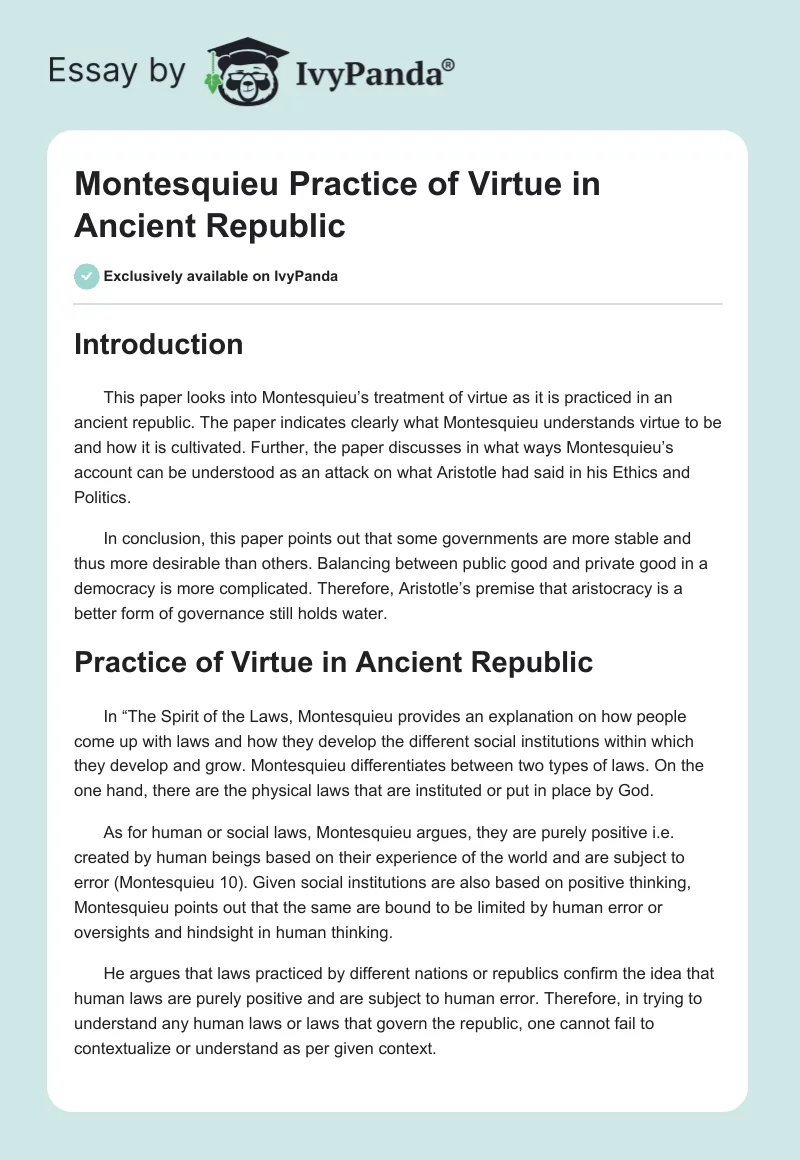 Montesquieu Practice of Virtue in Ancient Republic. Page 1