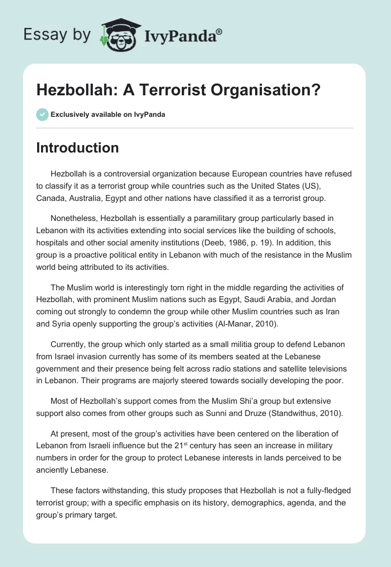 Hezbollah: A Terrorist Organisation?. Page 1