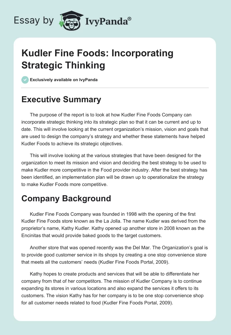 Kudler Fine Foods: Incorporating Strategic Thinking. Page 1
