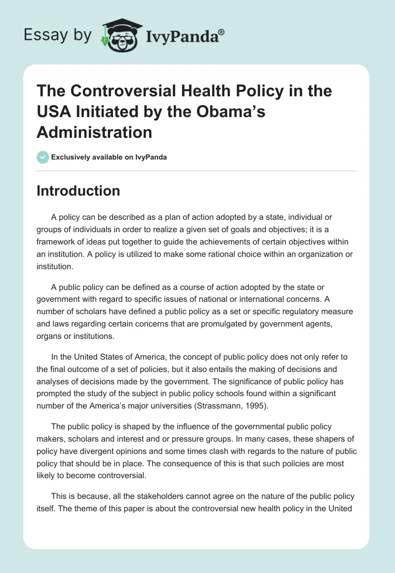 The Controversial Health Policy in the USA Initiated by the Obama’s Administration. Page 1