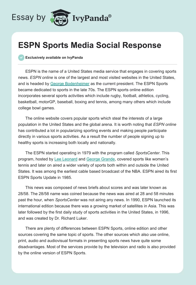 ESPN Sports Media Social Response. Page 1