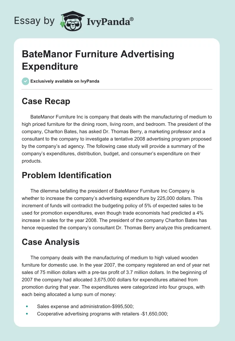 BateManor Furniture Advertising Expenditure. Page 1