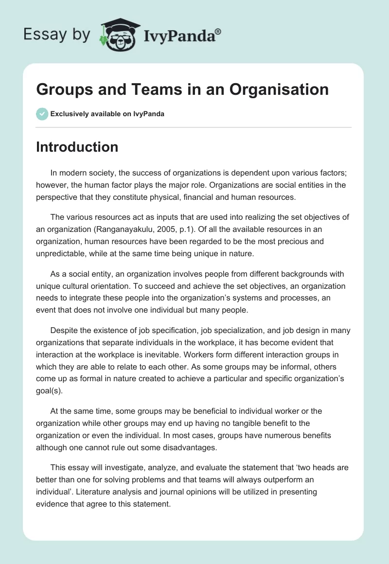 Groups and Teams in an Organisation. Page 1