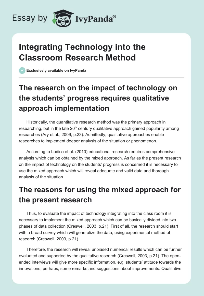 Integrating Technology into the Classroom Research Method. Page 1