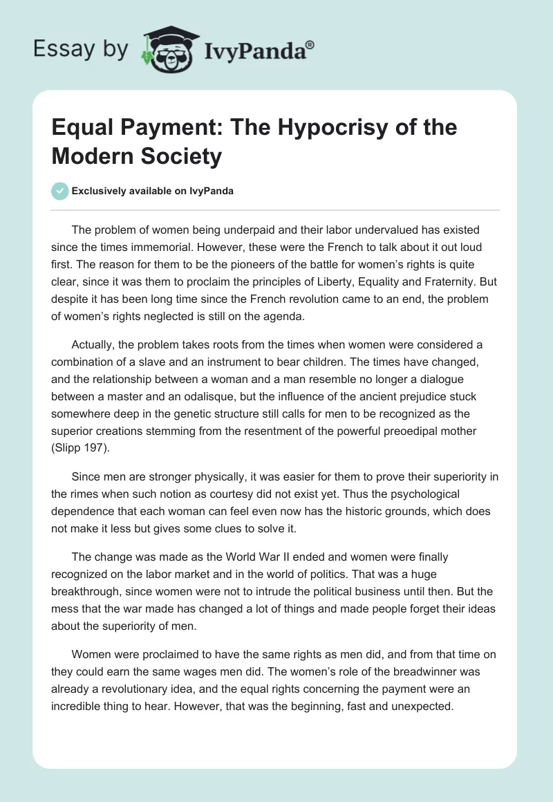 Equal Payment: The Hypocrisy of the Modern Society. Page 1