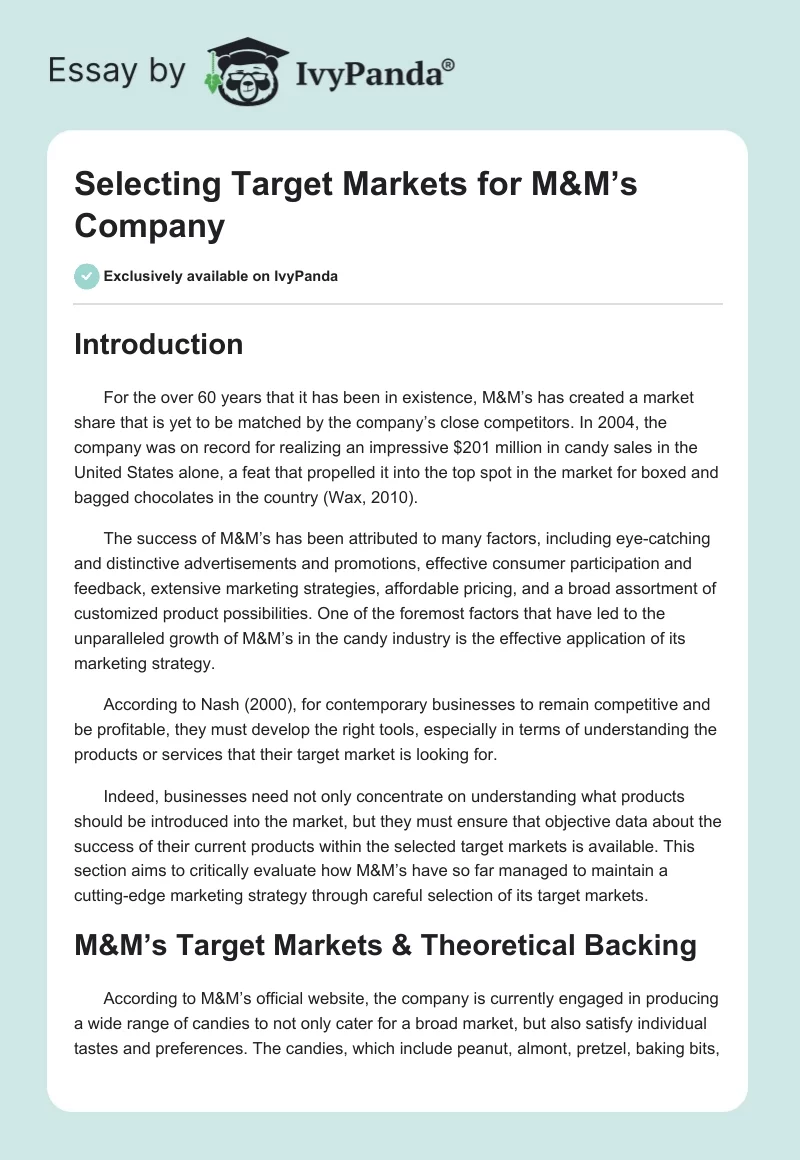 Selecting Target Markets for M&M’s Company. Page 1