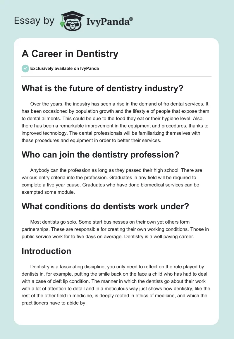 A Career in Dentistry. Page 1