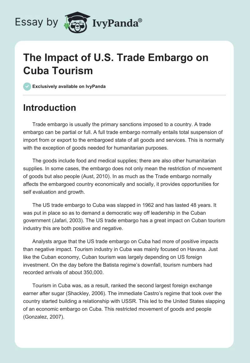 The Impact of U.S. Trade Embargo on Cuba Tourism. Page 1