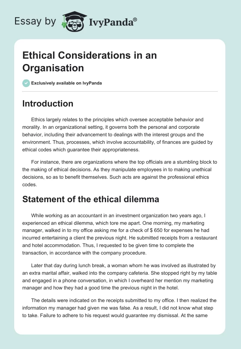Ethical Considerations in an Organisation. Page 1