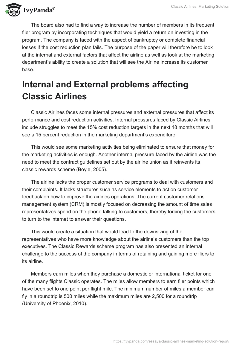 Classic Airlines: Marketing Solution. Page 2