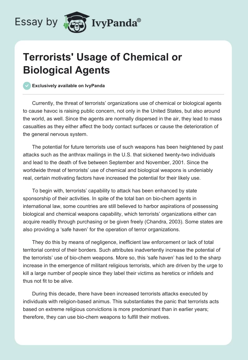Terrorists' Usage of Chemical or Biological Agents. Page 1