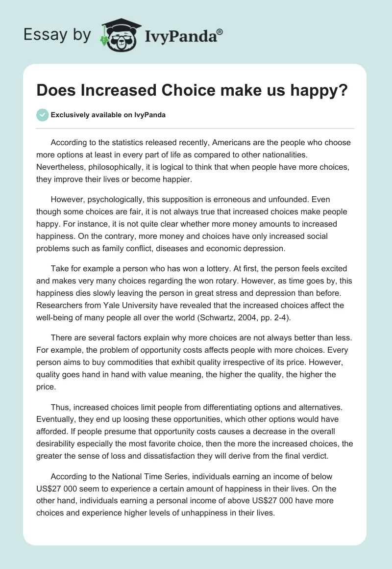 Does Increased Choice make us happy?. Page 1