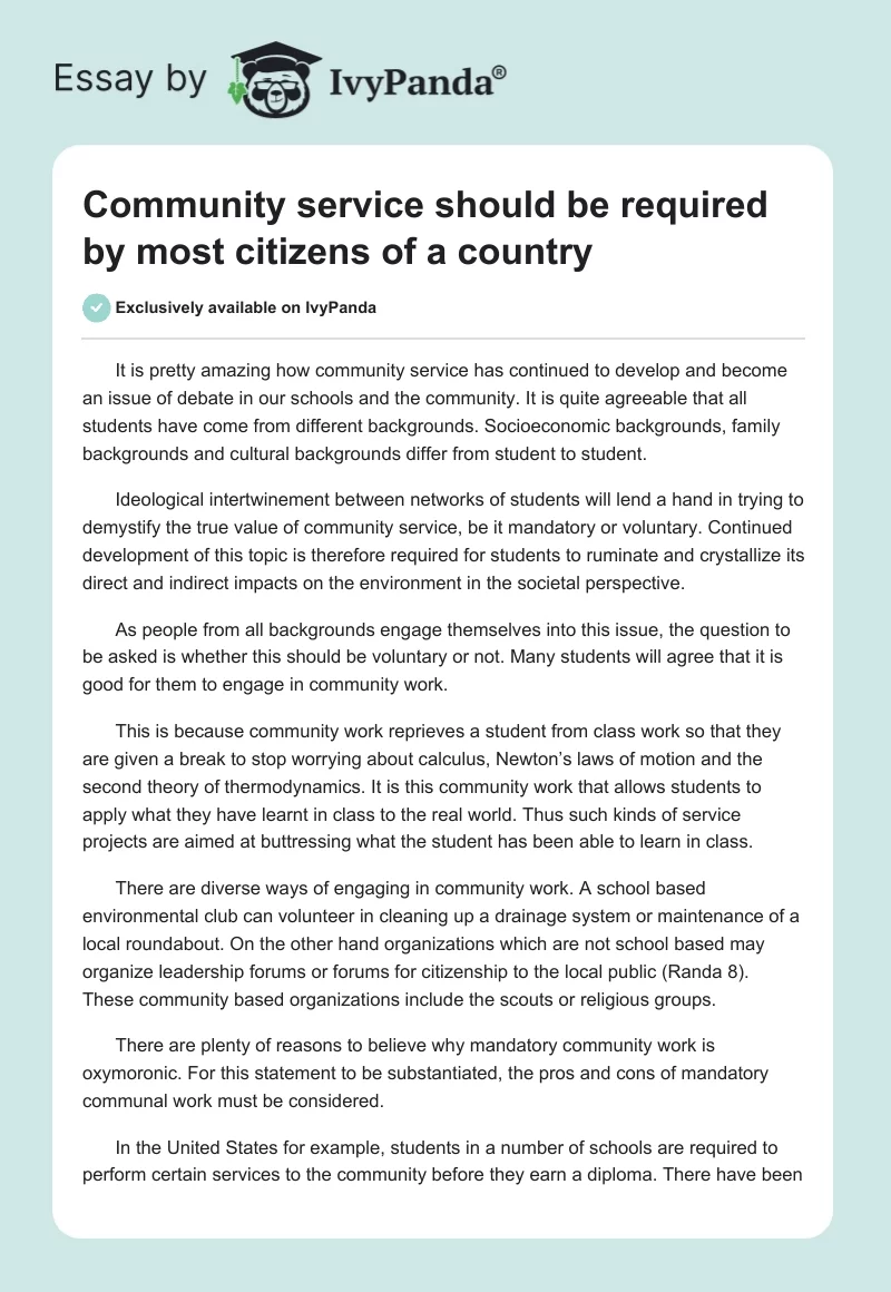 Community service should be required by most citizens of a country. Page 1