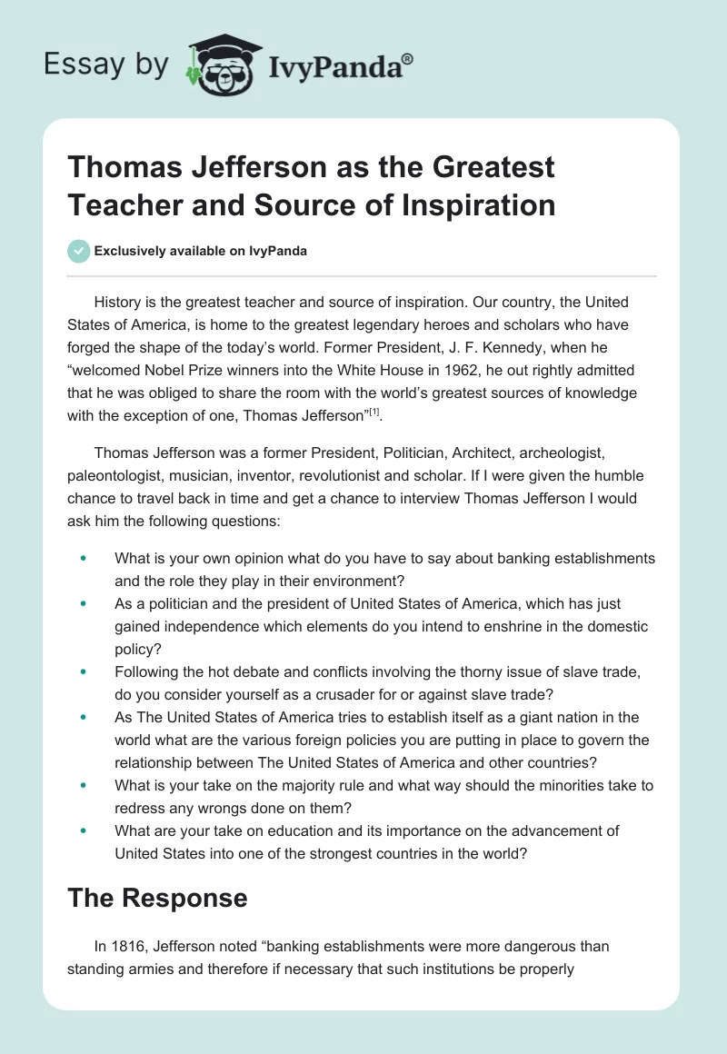 Thomas Jefferson as the Greatest Teacher and Source of Inspiration. Page 1